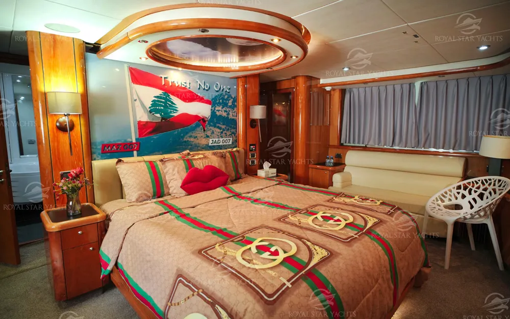 Guest bedroom with designer interiors inside 90 FT Sunseeker yacht