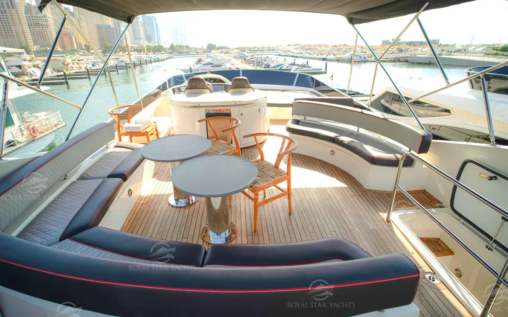 Flybridge seating and dining space on 90 FT Sunseeker yacht