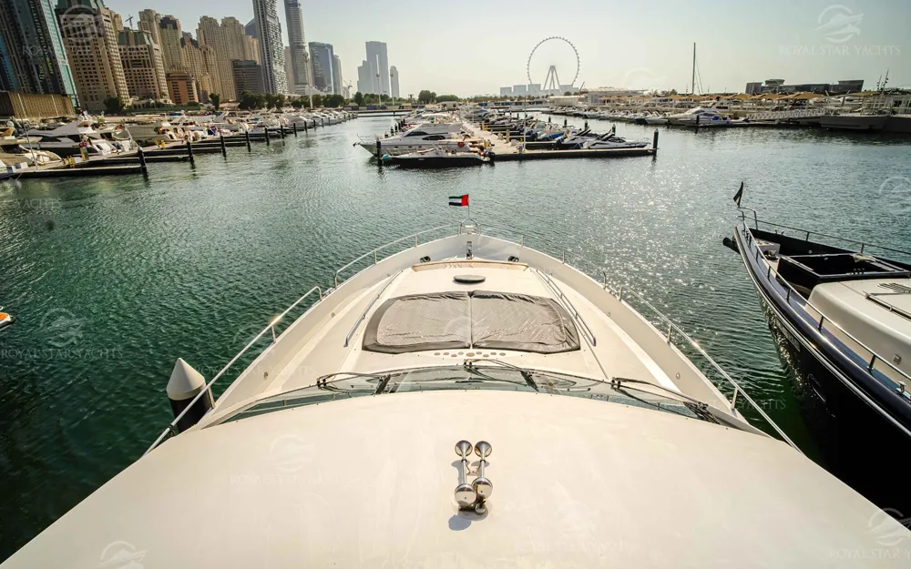 Front deck view of 90 FT Sunseeker yacht in Dubai Marina