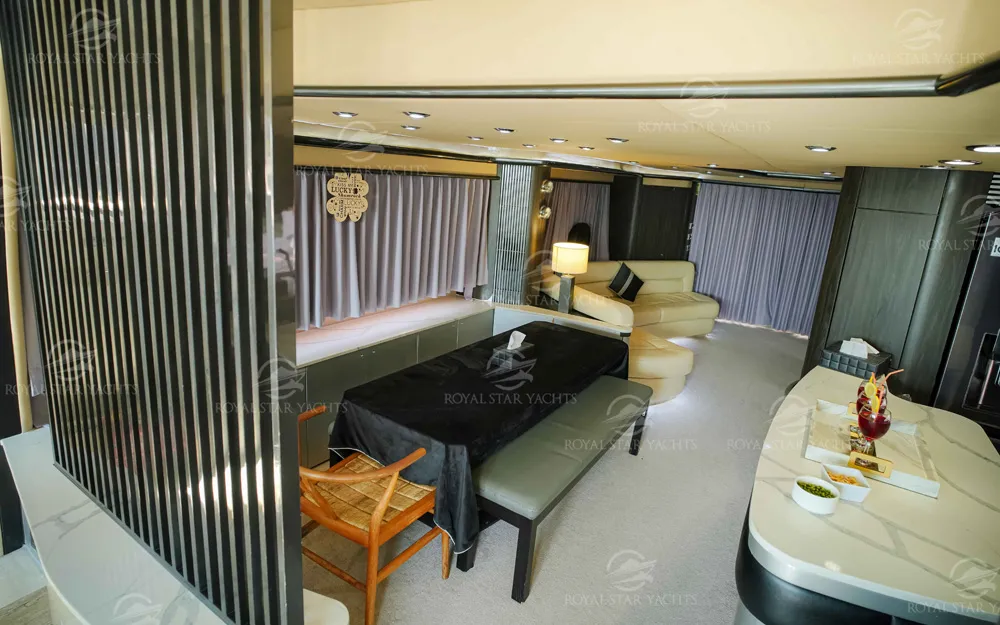 Luxury dining and seating area inside 90 FT Sunseeker yacht