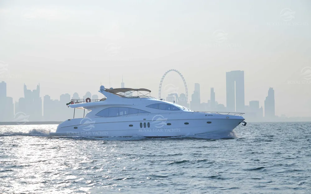 88 FT Majesty yacht with Dubai cityscape in background.