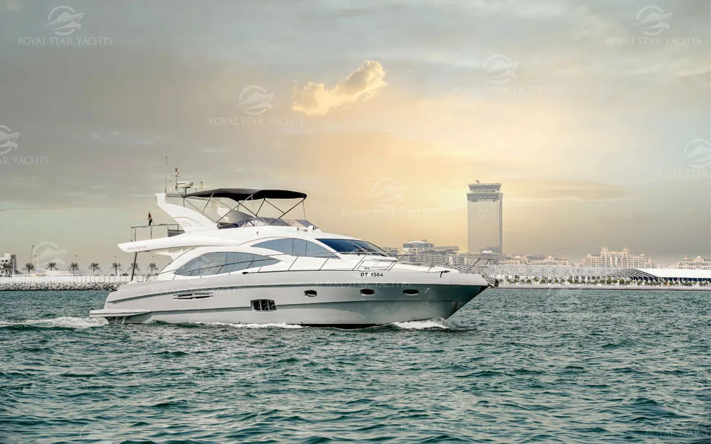 59 FT Majesty yacht cruising on Dubai waters during sunset